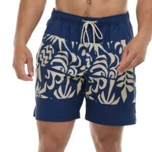 Eidon Men's Navy Blue & Tan Burst Swim Shorts Elastic Waist Size-Small